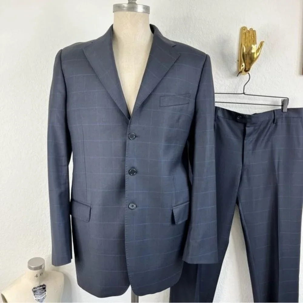 YSL Yves Saint Laurent Windowpane Wool 120s 3 Button Gridded Suit - Picture 2 of 13